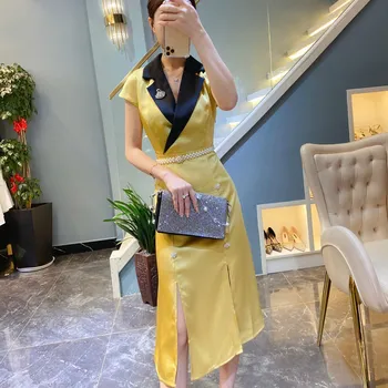 

Office Lady Elegant Dress Summer 2020 New Fashion Designer Women's Turn Down Collar Hit Color Slim Midi Dress Vestidos