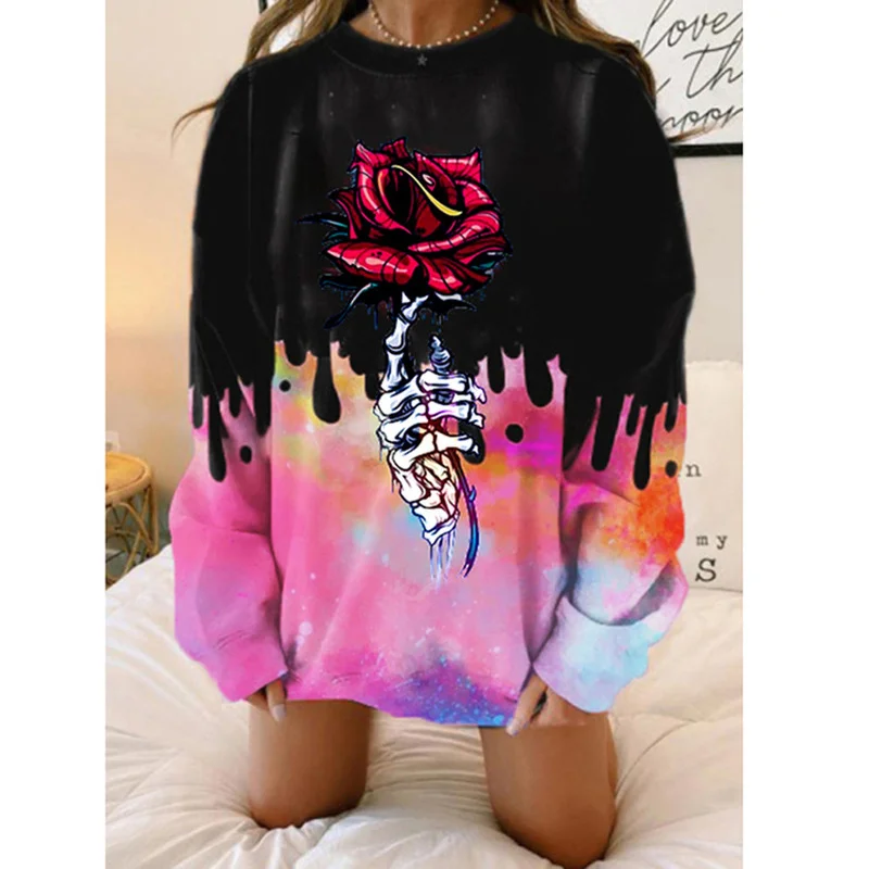 Hip Hop Pink Black Skull Rose Print Loose Oversized Sweatshirt Women Long Sleeve Casual Boyfriend 2021Spring New Streetwear Tops | Женская