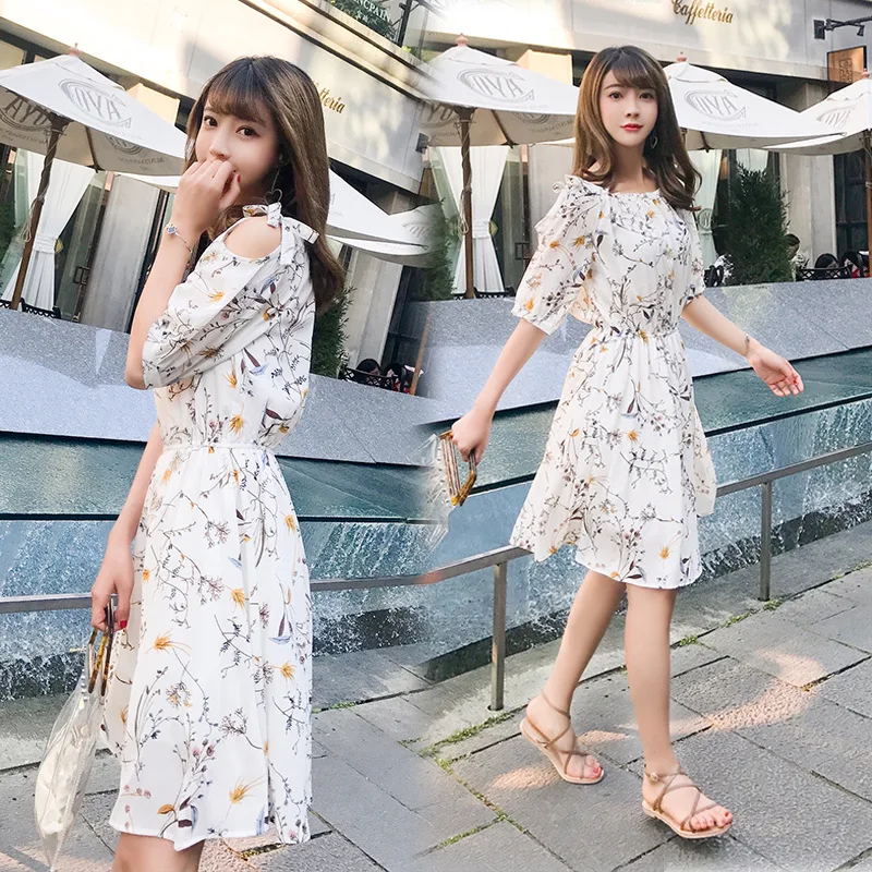 

2018 Summer Wear New Style Korean-style Large Crew Neck Elegant Chiffon Floral Print off-Shoulder Dress Women's