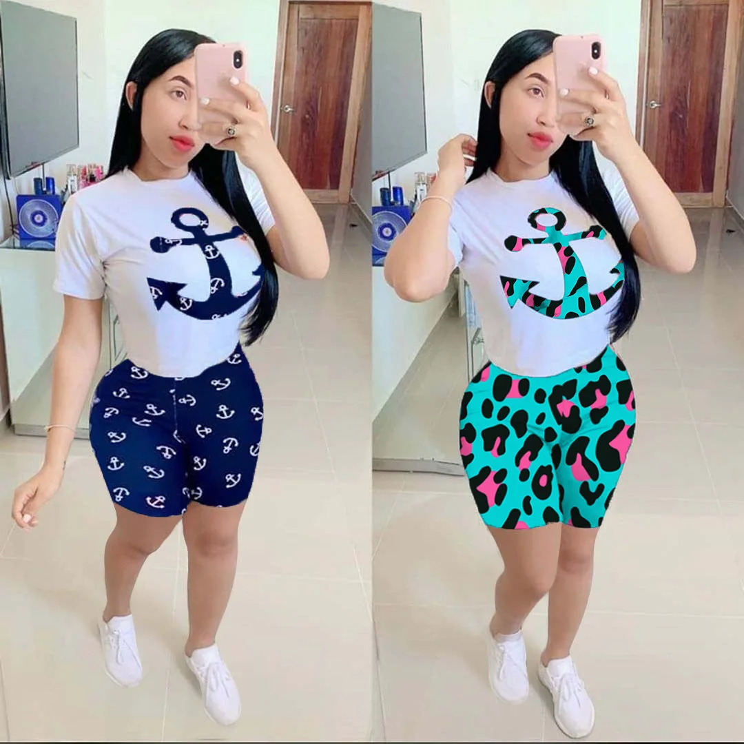 

2020 Casual Suit Printed Round Neck Short Sleeve Sports Suit Two-Piece Set European and American Women's Clothing