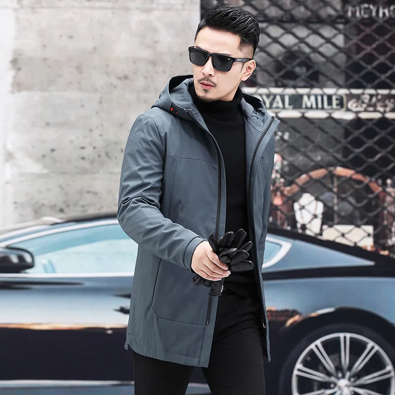 

New Style MEN'S Duster Autumn Mid-length MEN'S Trench Coat plus Cotton Windproof Warm Overcoat Business Casual Hooded