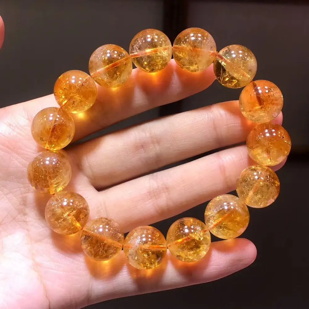 15mm Genuine Natural Yellow Citrine Quartz Super Seven Crystal Bracelet For Women Men Clear Gemstone Round Beads Jewelry AAAAA