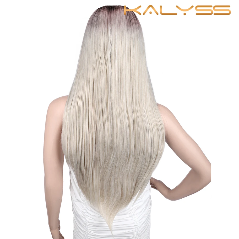platinum blonde Kanyss, 28 дюймов, 13x6, прямой парик на кружеве, жаропрочные волосы, блонд, длинные парики для женщин, синтетический парик на кружеве - Цвет: platinum blonde