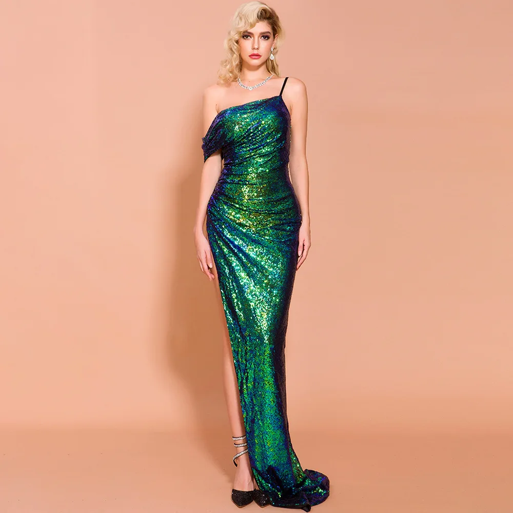 Зеленый сексуальный одно плечо Холтер блесток Trumpetmermaid Bodycon банкет Длинное Макси платье размера плюс S-XL