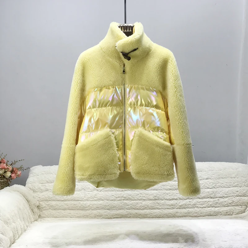 

Real Fur Coat Winter Jacket Women Wool Sheep Shearing Patchwork Down Coat Stand Collar Natural Outerwear Ladies Jackets