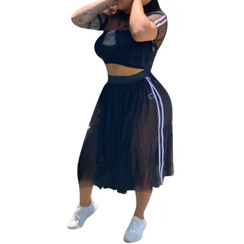 

Striped Mesh Sexy 2 Piece Skirt Set Women Two Piece Outfits Short Casual Neon Green Pink Matching Sets