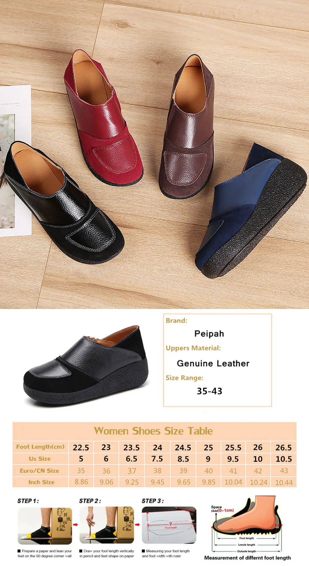 PEIPAH/Женская обувь из натуральной кожи на плоской платформе; женские повседневные лоферы на плоской резиновой подошве без застежки; сезон осень; женская обувь; большие размеры