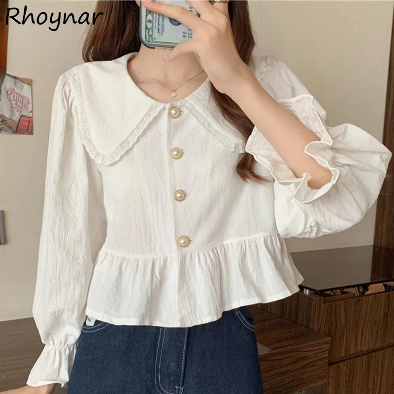 

Shirts Women Tender Vintage Peter Pan Collar Autumn Temperament Fashion French Style Puff Sleeve Crop Tops Girls Casual Simple