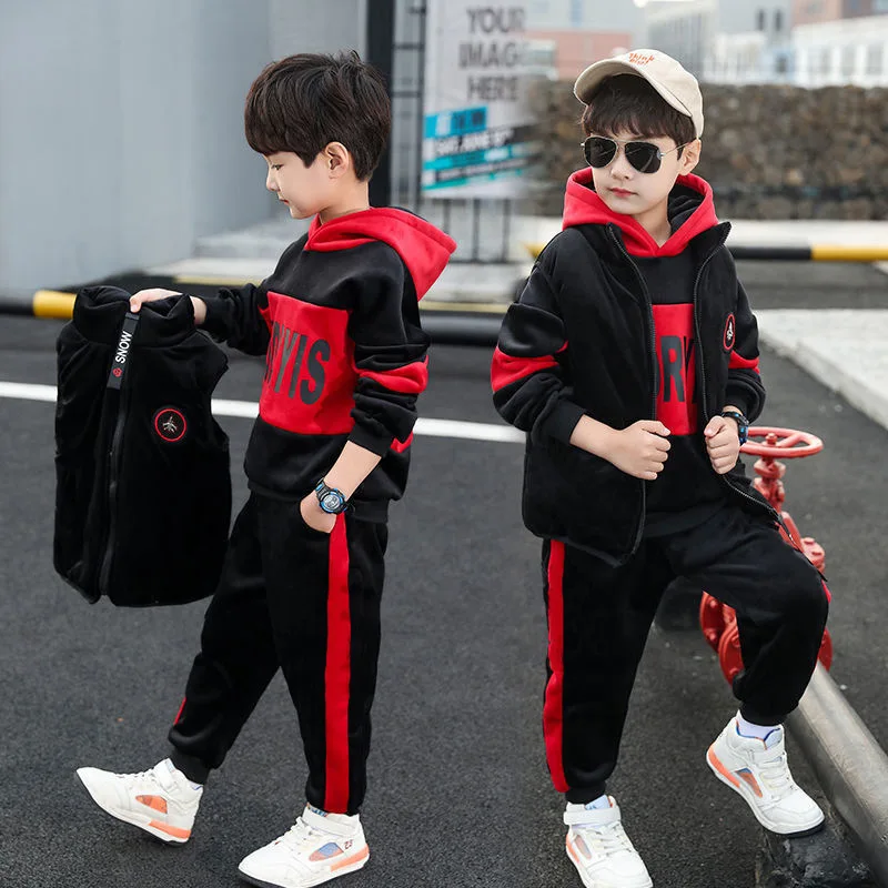 Children's Wear Boys' Suit 2021 New Spring Autumn Clothes Plus Velvet Padded Three-piece Set Vest+Hoodies+Pants 4-14Y | Детская