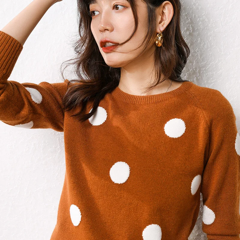 

Women's Autumn Winter Fashion Polka Dots Sweater O-neck Long Sleeve Loose Pullover Sweater Warm Tops Korean Style Knitted Female