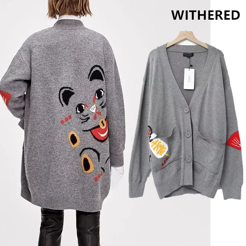 ^Cheap Withered 2019 winter autumn cardigans women high street vintage cat Jacquard weave pockets single breasted cardigan women jacket