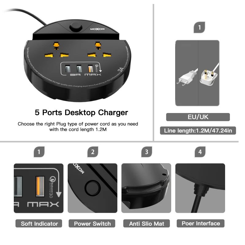 MOXOM розетка с розеткой 2 порта Переключатель 3 USB разъем Быстрая зарядка 3,0 удлинитель с поддержкой мобильного телефона