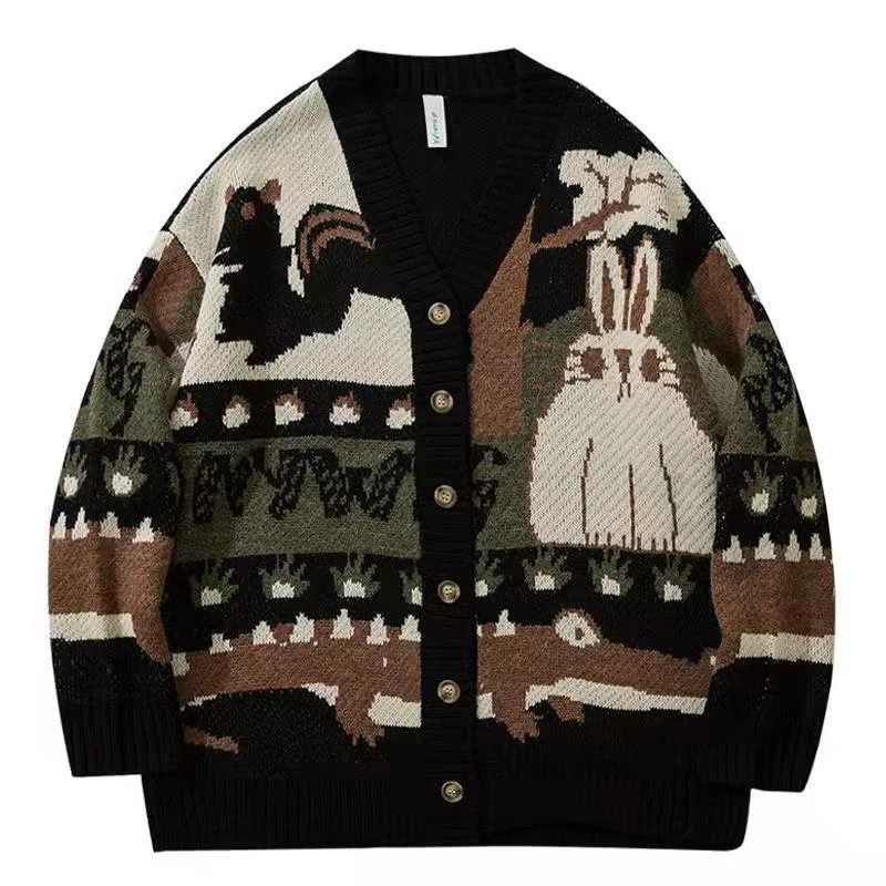 

Vintage Cardigan Oversized Sweater New Japanese Harajuku Cartoon Knitted Sweater Pullover Hip Hop Streetwear Loose Knitwear Tops