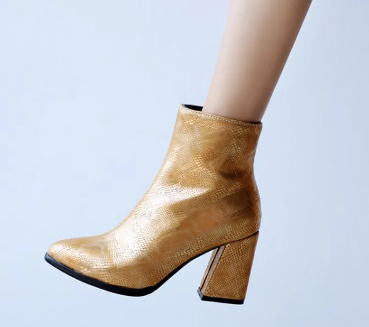 

Pointy Boot Leather Booties Lace Up Round Toe Chunky Heel Snake Print Women's Rubber Boots Low Heels booties Female Shoes