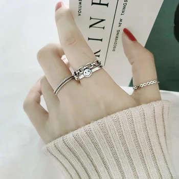 

925 sterling silver retractab ring Ins cool retro trend punk fashion personality simple smiley adjustable chian ring jewelry Hot