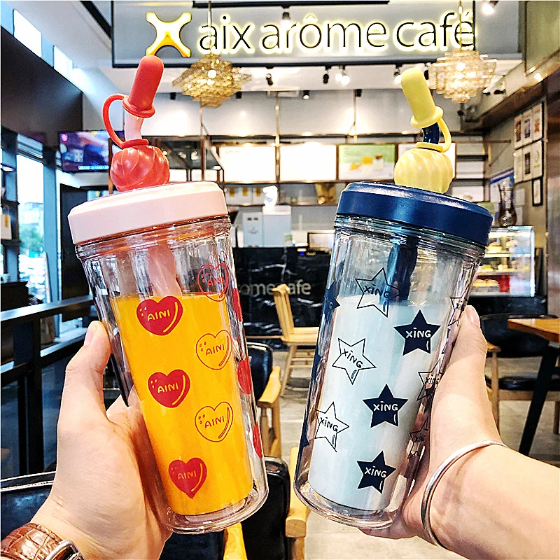 

330/400ml Cute Water Bottle With Straw Creative Double Layer Stir Cup Plastic Water Bottles BPA Free Portable Kids Water Cups