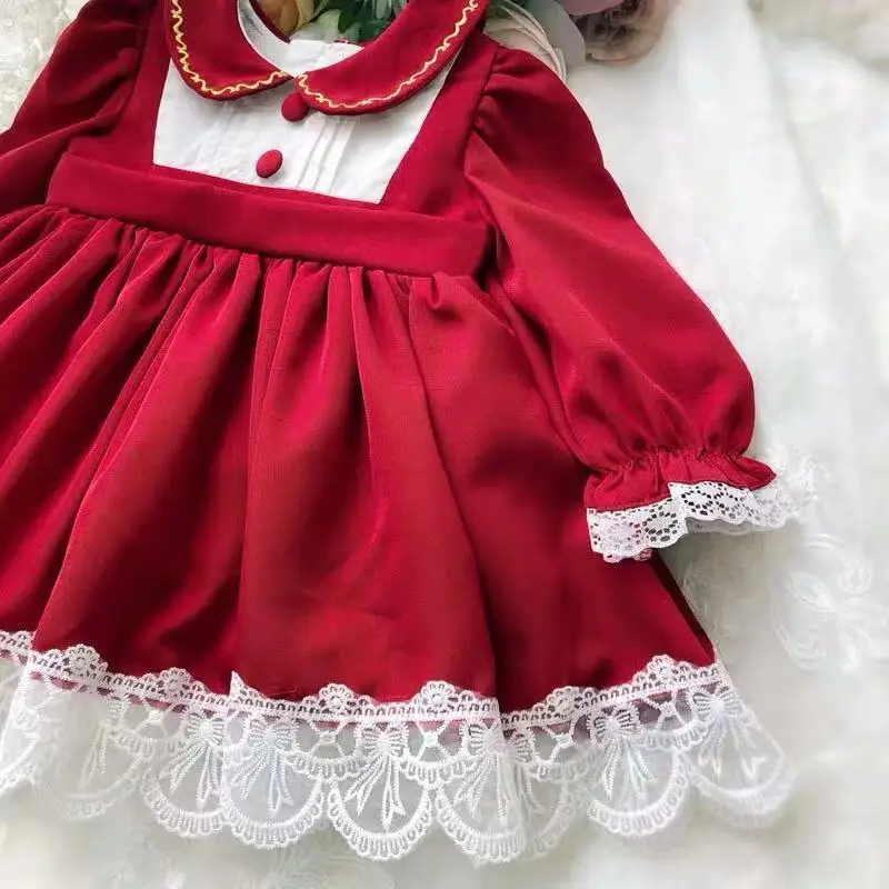 От 0 до 7 лет, осенне-зимнее винтажное Красное Кружевное платье принцессы с длинными рукавами в английском стиле для девочек, Повседневное платье на Рождество, день рождения