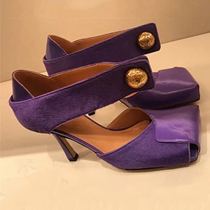 Г., весенняя обувь с квадратным носком из конского волоса, цветные босоножки с металлическими пуговицами Оригинальные кожаные туфли-лодочки женские босоножки - Цвет: purple button