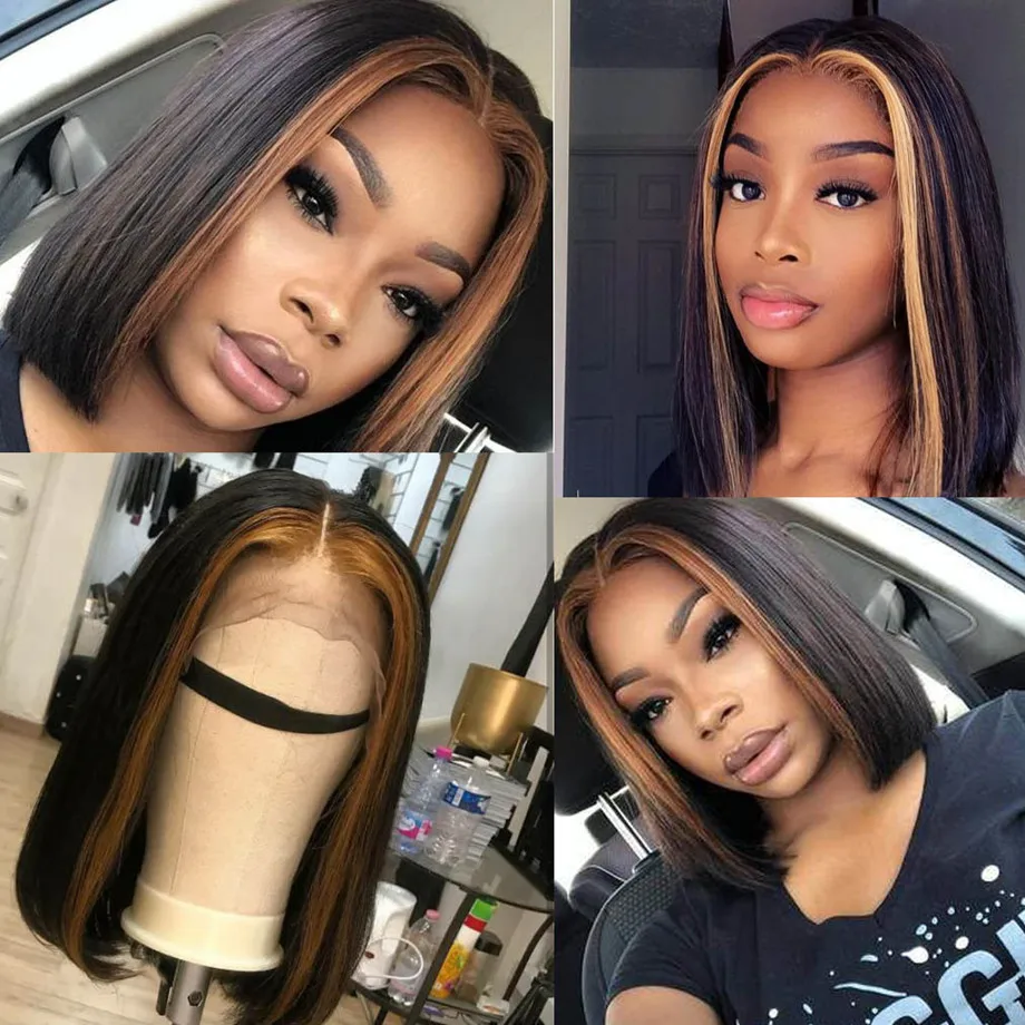 

Highlight Brown Color Brazilian Remy Bob Human Hair Short Wigs 100% Human Hair 4X4 Lace Wigs 150% Density 8 To 16inch For Women