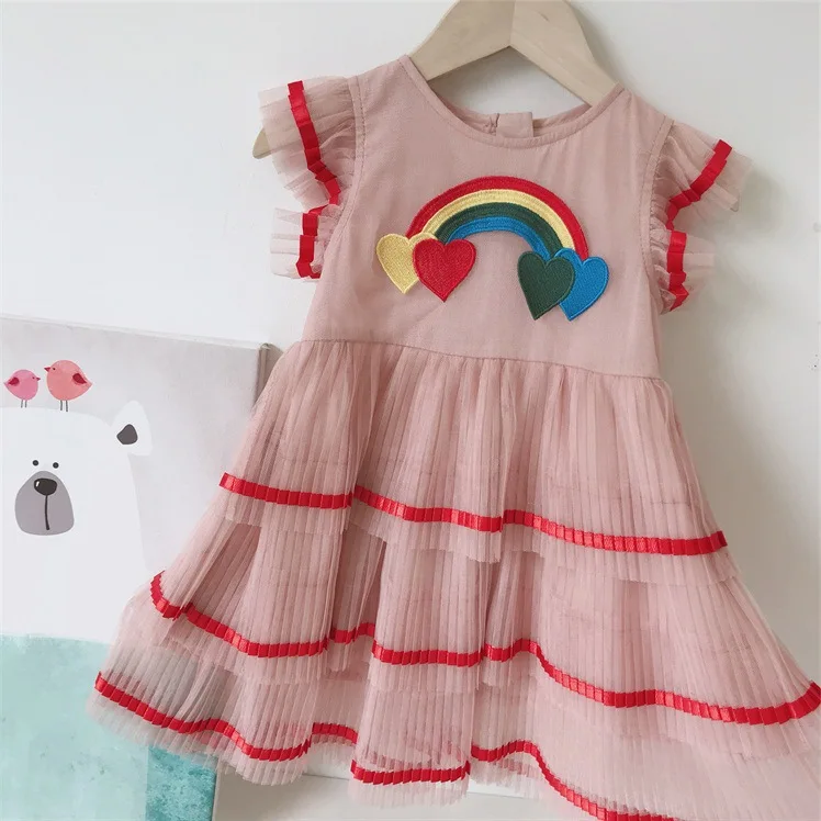 CYSINCOS/новое летнее плиссированное платье для девочек; Одежда для танцев милая детская одежда платье принцессы с радужным принтом - Цвет: Розовый