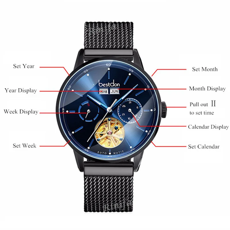 Switzerland Luxury Brand Bestdon Mechanical Watch for Men Skeleton Full Steel Automatic Men's Watches Reloj Hombre Montre GMT