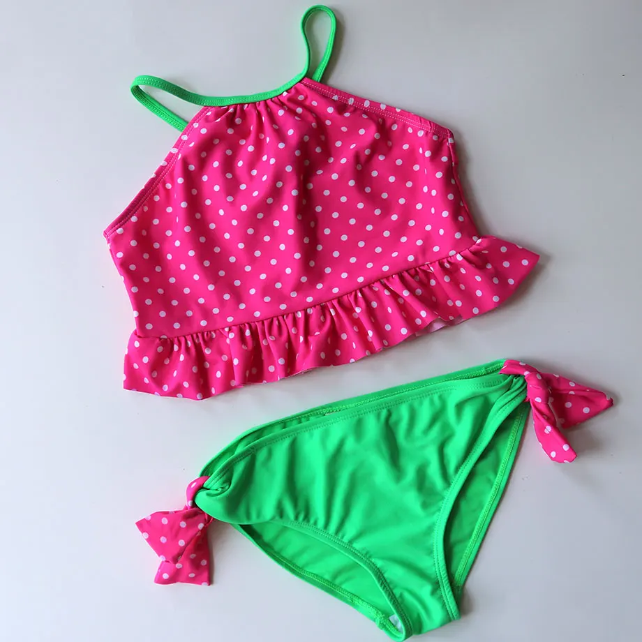 3-12 Years Swimsuit Girls Kids Bandage Girl Bikini Set Polka Dot Two Piece Children's Swimwear Crop Top Young Bathing Suit | Спорт и