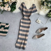 Gagarich, короткий рукав, v-образный вырез, женское платье, в полоску, облегающее, для девушек, платья,, вязанное, Ретро стиль, длинные платья
