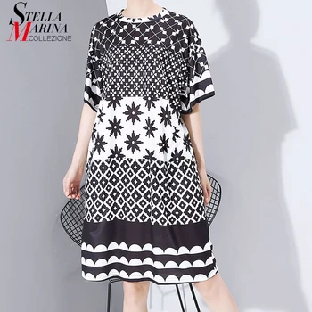 

New Women Plus Size 2020 Multicolor Printed Midi Dress Geometrical Patterns Ladies Stylish Loose Straight Dress Vestidos 5983