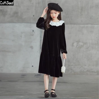 

Cultiseed Girls Autumn New Velvet Long Dress Big Children Girl Korean Ruffles Collar Long Sleeve Party Dress Kids Ruffles Dress