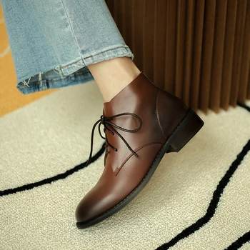 

100% cow leather Women's Boots lace up Round Toe low heels Heels ladies ankle boots Autumn Winter Party Casual Basic Shoes Woman