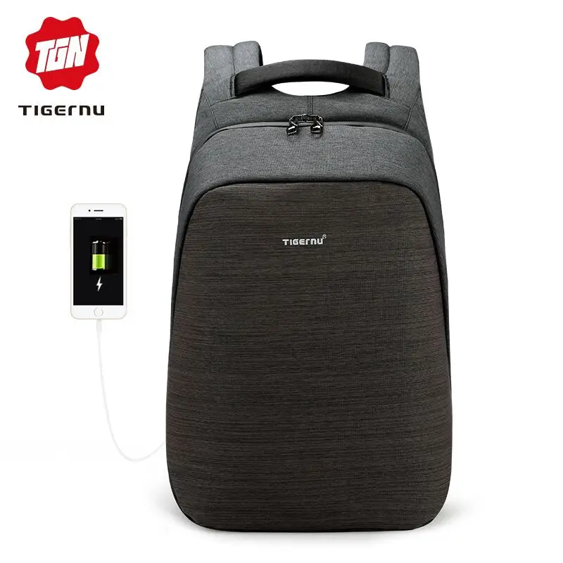 Black grey Tigernu Анти Вор ноутбук рюкзак usb зарядки 15.6 рюкзаки мужчины тонкий водонепроницаемый школьный рюкзак сумка женщины мужской рюкзак путешествия - Цвет: Black grey