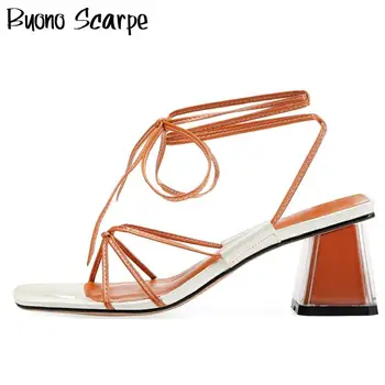 

Buono Scarpe Ankle Laces Summer Sandals Chunky High Heel Shoes Cross Tied Ladies Party Sandals Sweet Girls Prom Leather Shoes