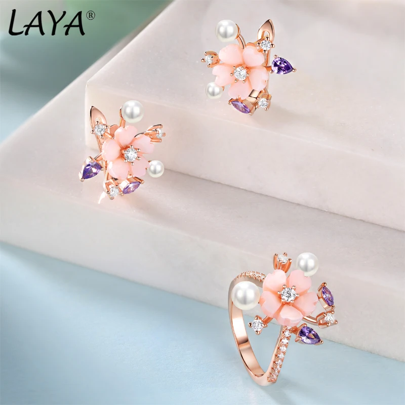 LAYA 귀걸이와 반지  빛나는 지르콘 자연 쉘 꽃 여성 신부 웨딩 럭셔리 쥬얼리