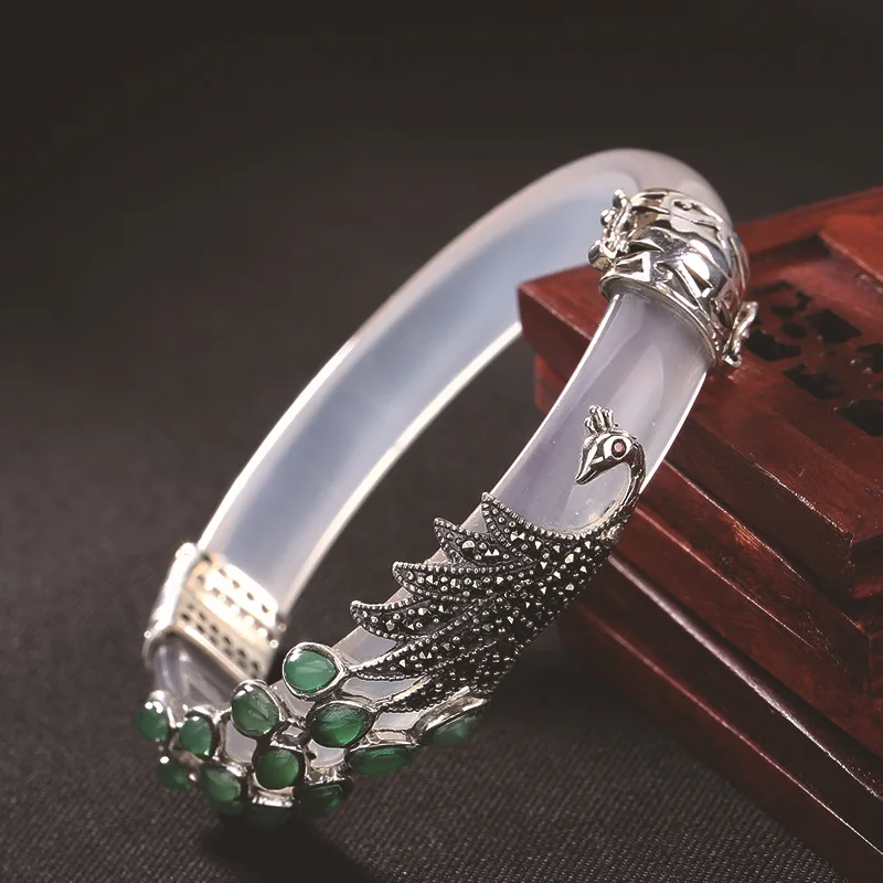 GAGAFEEL, ретро браслет, женский, белый, зеленый халцедон, браслет, инкрустированный павлином, в форме тайского серебра, браслет для девушек, высокое качество, ювелирное изделие