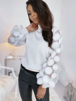 

Women Sweater Elegant Contrast Mesh Patchwork Sleeve 2019 Lantern Sleeve Blouses Ladies Solid Dot Print Sleeve