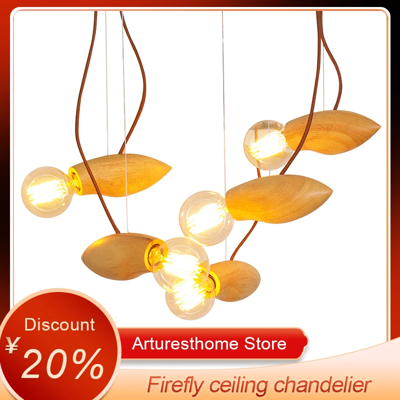 

American country solid wood Pendant lamp Nordic creative restaurant bar art cafe firefly Ceiling chandelier lighting