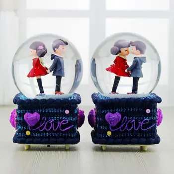 

Music Box Colorful Lights Music Box Floating Snowflake Couple Figurine In Crystal Ball LOVE Base For Valentine's Day Decoration