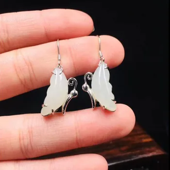 

Elegant Design S925 Sterling Silver Natural Hetian White Jade Carved Butterfly Hook Earring Jewelry For Women Fine Jewelry