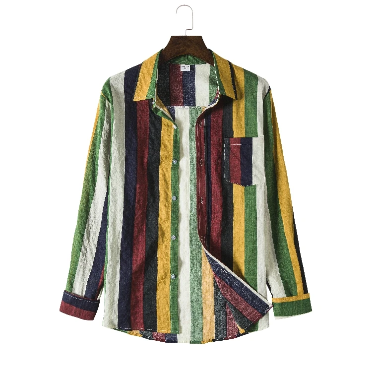 

2020 Autumn New Men's Contrast Color Striped Cotton and Linen Color Belt Breathable Long-sleeved ShirtCX315