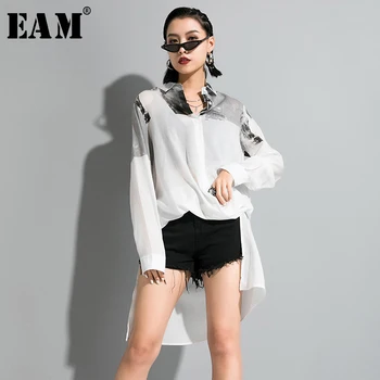 

[EAM] Women Pattern Printed Asymmetrical Long Blouse New Lapel Long Sleeve Loose Fit Shirt Fashion Tide Spring Autumn 2020 1R637