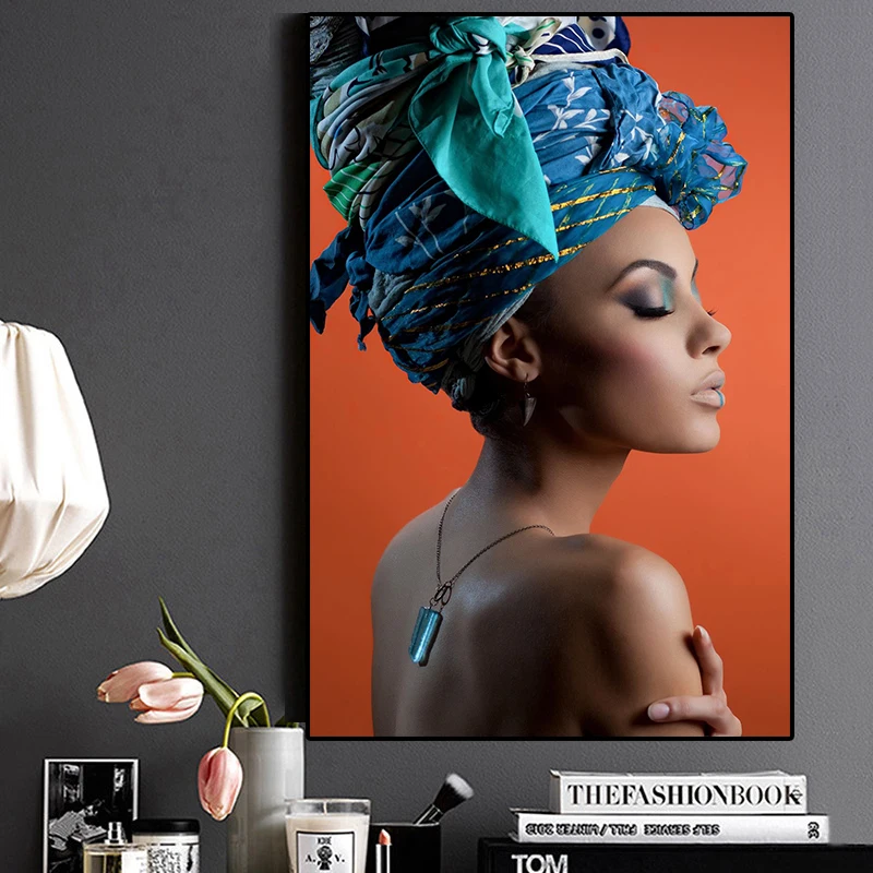 

African Nude Woman Headband Portrait Nordic Canvas Painting Posters and Prints Scandinavian Wall Art Picture for Living Room