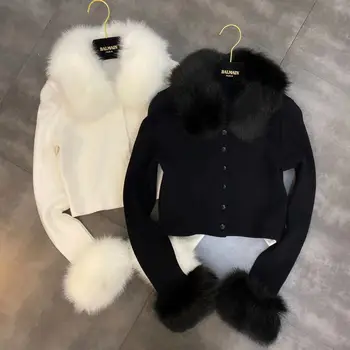 

2020 Spring Fur Cardigan Sweater Women New Artificial Fox Fur Lapel Long-Sleeve Little Woman Knit Cardigan Women's Small Coats