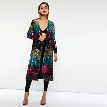 

Women Spring Fall Ladies Sequins Party Cocktail Overcoats Color Block Long Sleeve Long Trench Street Wear Gypsy Slim Coats