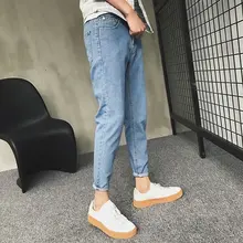 Весенне-летние мужские джинсы свободного кроя в Корейском стиле, обтягивающие повседневные Универсальные однотонные Капри для подростков