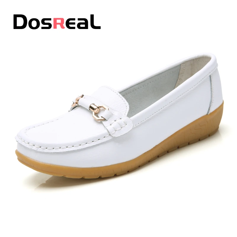 Dosreal Women Cow Leather Loafers Shoes Ladies Metal Buckle Flats Shoes Spring Comfortable Slip on Footwear