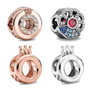 

100% 925 Sterling Silver Blue & Pink Fan Charm Bead Fit Women Pan Bracelet & Necklace Fashion Jewelry