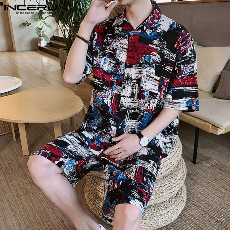 Men Sets Printed Half Sleeve Lapel Shirt & Shorts Cotton Streetwear Pockets Male Casual Suit Summer Vintage Men Clothes INCERUN Men Sets Printed Half Sleeve Lapel Shirt & Shorts Cotton Streetwear Pockets Male Casual Suit Summer Vintage Men Clothes INCERUN