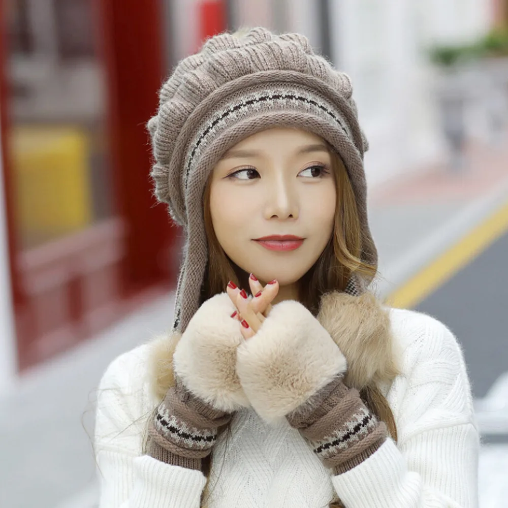 SAGACE Fashion Autumn and winter gloves Womens hat 2Pcs Women Winter Warm Knitted Beanie Hat+Gloves outdoor Keep Warm Set A30926