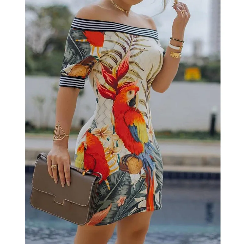 sexy orange red off shoulder floral print bodycon dress