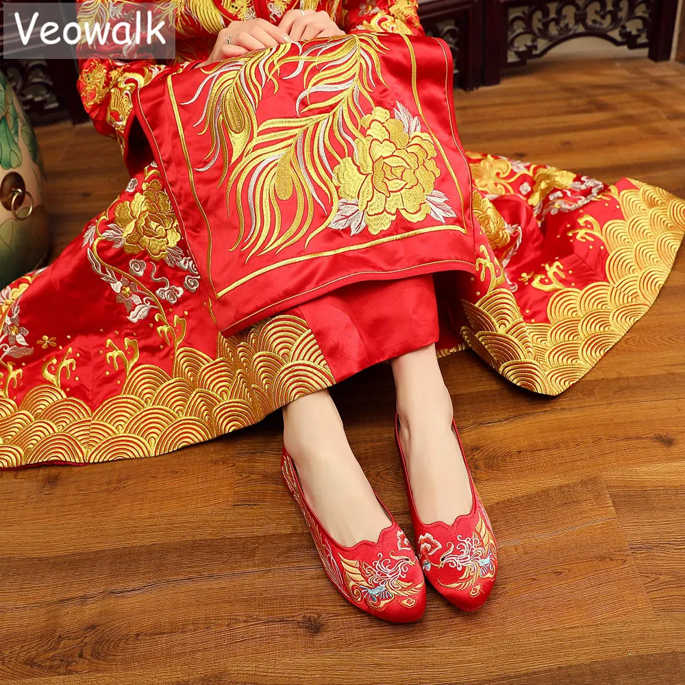 Chinese Wedding Red Wedding Shoes Flats Veowalk Vintage Chinese Style Women  Silk Embroidered Red Wedding, image size:1000x1000